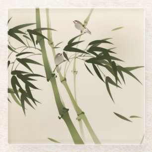 Dessous-de-verre En Verre Peinture orientale de style, branches en bambou