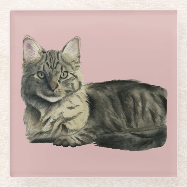 Dessous-de-verre En Verre Peinture pelucheuse d'aquarelle de chat (Devant)