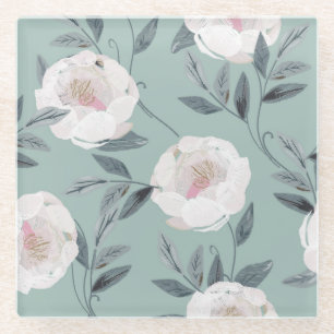 Dessous-de-verre En Verre Peonies Roses Blanches : Broderie Florale.