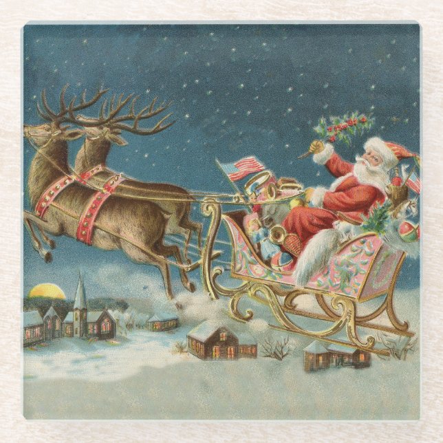 Dessous-de-verre En Verre Père Noël Antique Sleigh Reindeer (Devant)