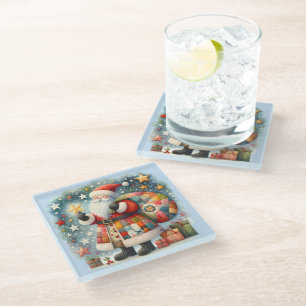Dessous-de-verre En Verre Père Noël en patchwork matelassé avec des étoiles 