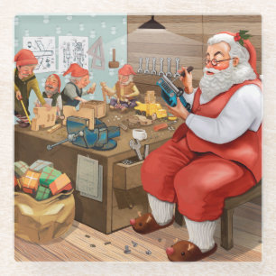 Dessous-de-verre En Verre Père Noël Et Elfes Fabriquent Des Jouets   Noël