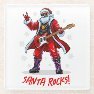 Dessous-de-verre En Verre Père Noël Rocks ! Funny Père Noël jouant de la gui