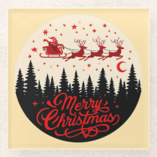 Dessous-de-verre En Verre Père Noël Sleigh Joyeux Noël Forêt Scène Art