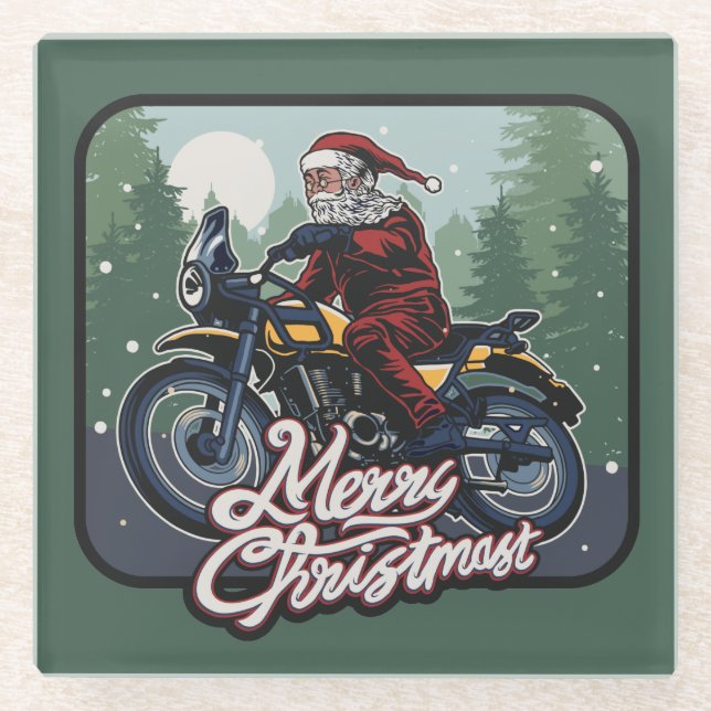 Dessous-de-verre En Verre Père Noël sur moto (Devant)