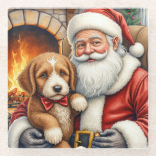 Dessous-de-verre En Verre Père Noël tenant l'art de Noël de Bernedoodle