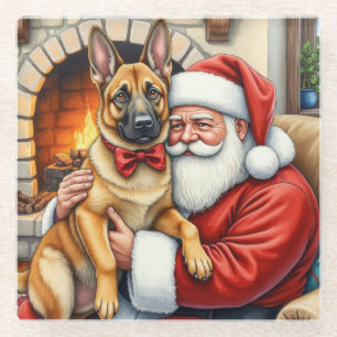 Dessous-de-verre En Verre Père Noël tenant l'art de Noël du Malinois belge
