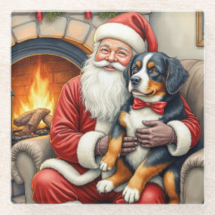 Dessous-de-verre En Verre Père Noël tenant un chien de montagne bernois pour
