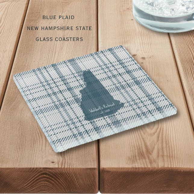 Dessous-de-verre En Verre Personalized Plaid New Hampshire Glass Coaster (Blue plaid New Hampshire State personalized glass coaters. Perfect for your home or gift giving!)