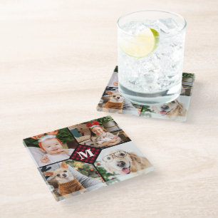 Dessous-de-verre En Verre Personnalisé 4 Photo Monogramme Rouge Buffalo Plai