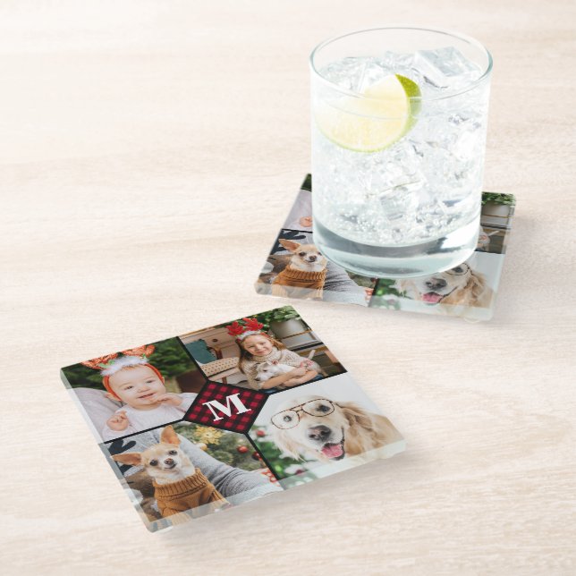 Dessous-de-verre En Verre Personnalisé 4 Photo Monogramme Rouge Buffalo Plai (Incliné)