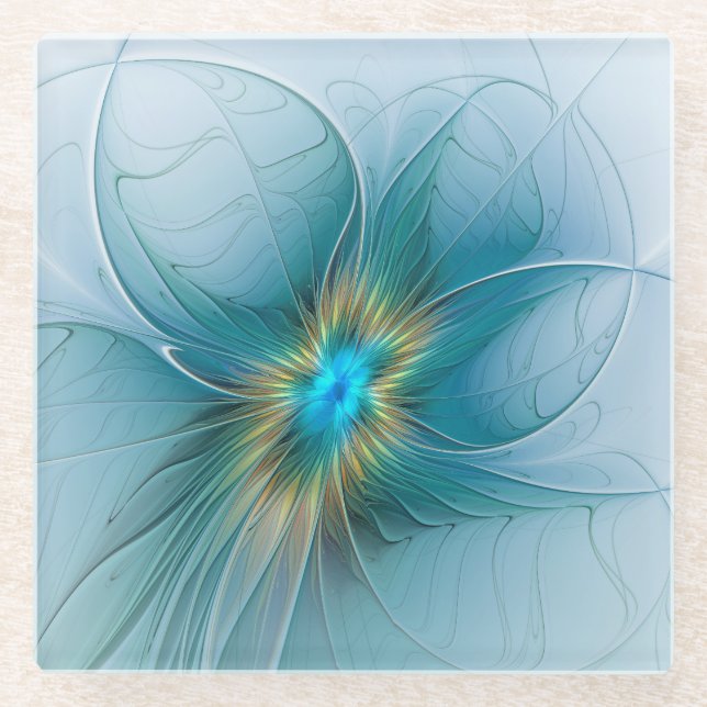 Dessous-de-verre En Verre Petite Beauté Moderne Bleu Or Fractal Art Flower (Devant)
