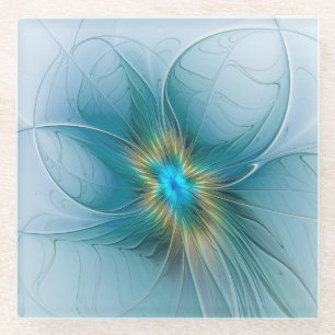 Dessous-de-verre En Verre Petite Beauté Moderne Fleur d'Art Fractal Bleu Or