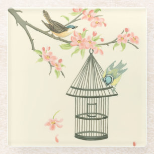 Dessous-de-verre En Verre Petits oiseaux étés perché sur une branche et sur