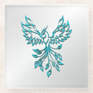 Dessous-de-verre En Verre Phoenix bleu turquoise se lève sur l'argent
