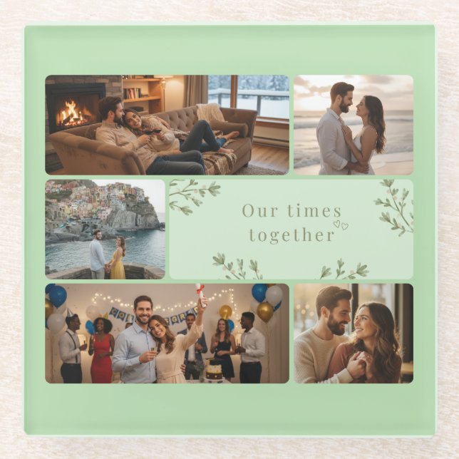 Dessous-de-verre En Verre Photo collage with 6 photos and custom Sage Green (Devant)