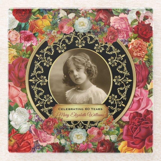 Dessous-de-verre En Verre Photo Gold Roses magnifiques commémoratif Black On (Devant)