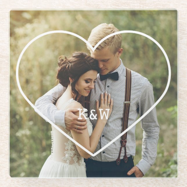 Dessous-de-verre En Verre Photo moderne de monogramme de cadre de coeur (Devant)