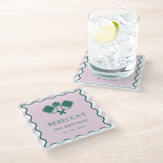 Dessous-de-verre En Verre Pickleball vert rose 30e anniversaire (Incliné)