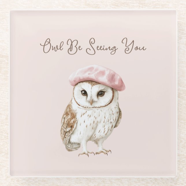 Dessous-de-verre En Verre Pink Beret Brown White Owl Be Seeing You (Devant)