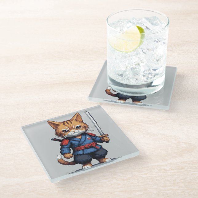 Dessous-de-verre En Verre Pixel de chats Samurai (Incliné)