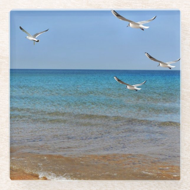 Dessous-de-verre En Verre Plage et mouettes (Devant)