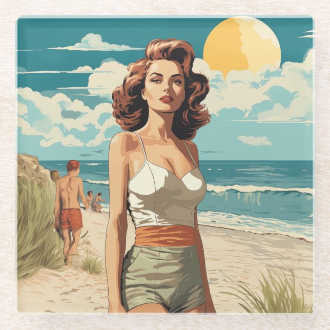 Dessous-de-verre En Verre Plage fille 1950 (Devant)