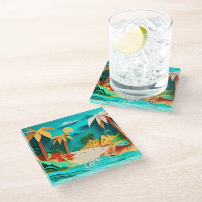 Dessous-de-verre En Verre Plage tropicale de Papercraft 3D (Incliné)