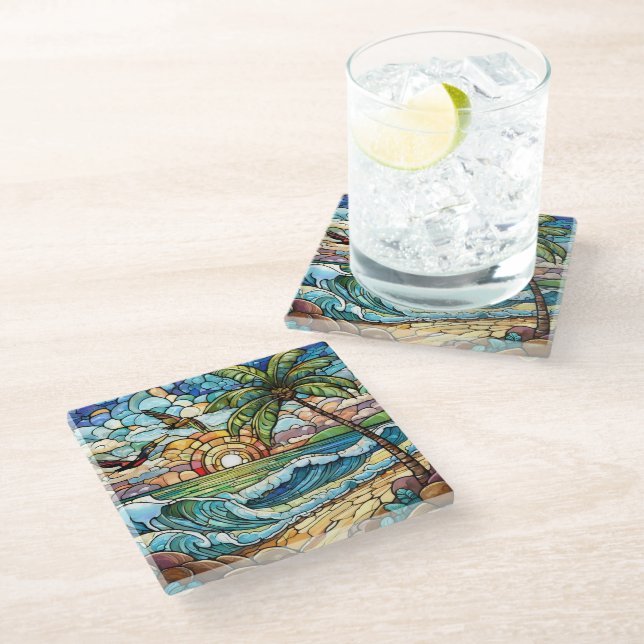 Dessous-de-verre En Verre Plage tropicale Vitraux (Incliné)