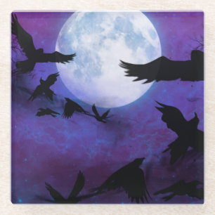 Dessous-de-verre En Verre Pleine lune SKY PURPLE HALLOWEEN CROWS NOIR