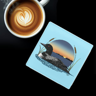 Dessous-de-verre En Verre Plongeon commun serein Coucher de soleil Bleu Faun