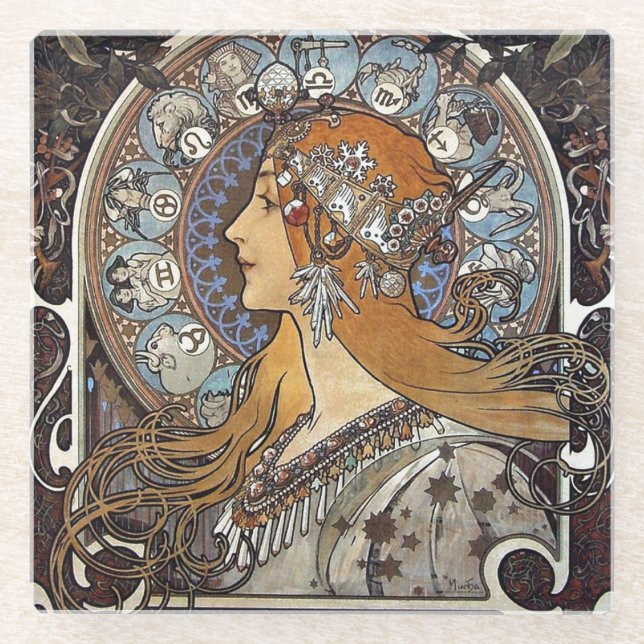 Dessous-de-verre En Verre Plume Zodiac Woman par Alphonse Mucha - Art Nouvea (Devant)