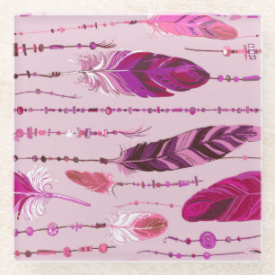 Dessous-de-verre En Verre Plumes ethniques : Motif de couleur vive.