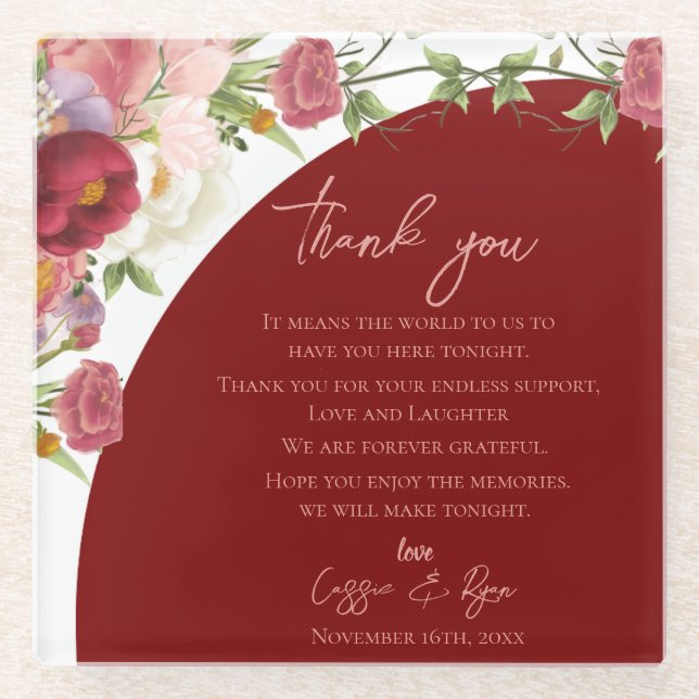 Dessous-de-verre En Verre Pocher Floral Red Arch Mariage message Merci (Devant)
