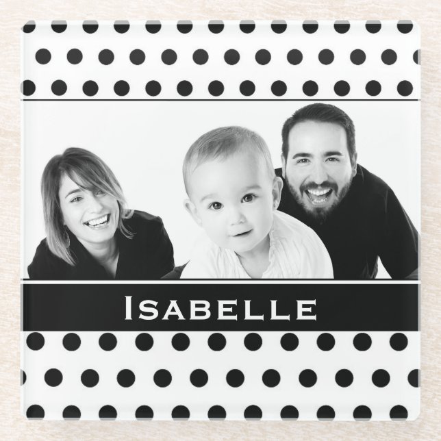 Dessous-de-verre En Verre Pointe Polka noir et blanc photo personnalisée (Devant)