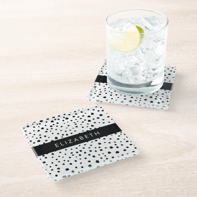 Dessous-de-verre En Verre Points dalmatiens, Spots, Noir et Blanc, Votre nom (Incliné)