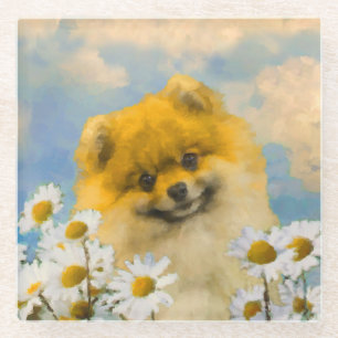 Dessous-de-verre En Verre Poméranien dans Daisies Peinture - Art Chien origi
