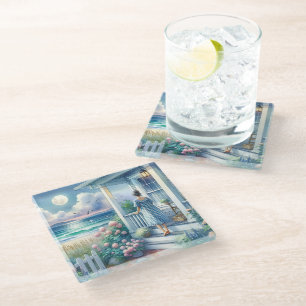 Dessous-de-verre En Verre Porche de cottage au clair de lune au bord de la m