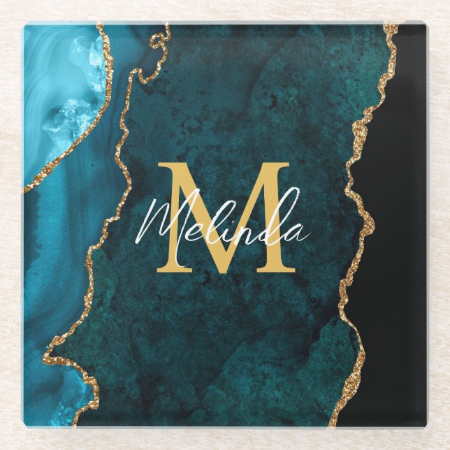 Dessous-de-verre En Verre Porte en marbre bleu turquoise et or (Devant)