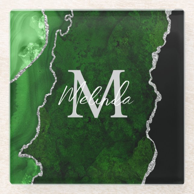 Dessous-de-verre En Verre Porte en marbre vert et argent (Devant)