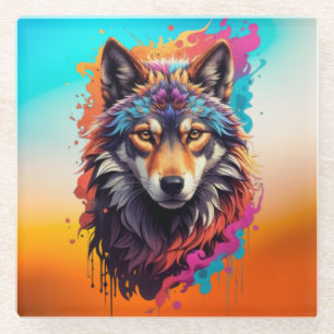 Dessous-de-verre En Verre Portrait de loup coloré Art animalier abstrait-876