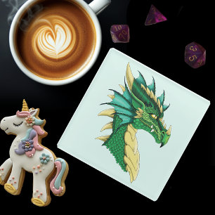 Dessous-de-verre En Verre Portrait de tête de dragon vert émeraude Fantastiq