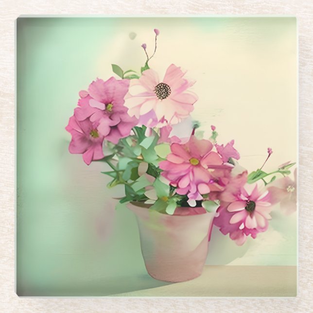 Dessous-de-verre En Verre Pot de fleurs d'aquarelle rose (Devant)