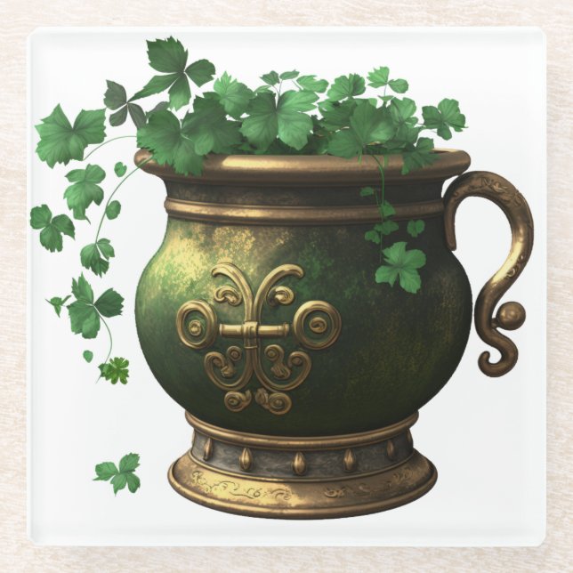 DESSOUS-DE-VERRE EN VERRE POT IRLANDAIS VERT & OR DE SHAMROCKS & VINES (Devant)