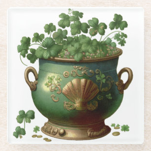 DESSOUS-DE-VERRE EN VERRE POT IRLANDAIS VERT & OR DE SHAMROCKS & VINES