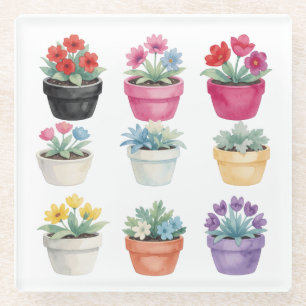 Dessous-de-verre En Verre Pots de fleurs à l'aquarelle