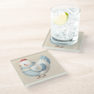 Dessous-de-verre En Verre Poule de Cottage en Gingham Bleu