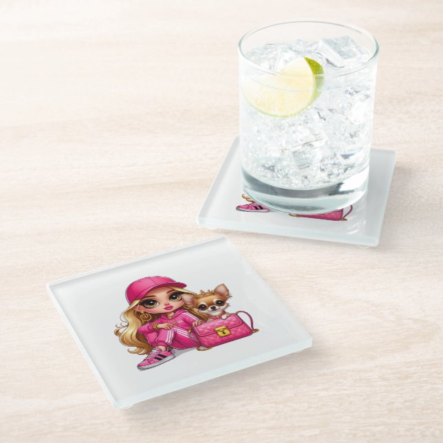 Dessous-de-verre En Verre Poupeée de mode rose et couverture en molleton pou (Incliné)
