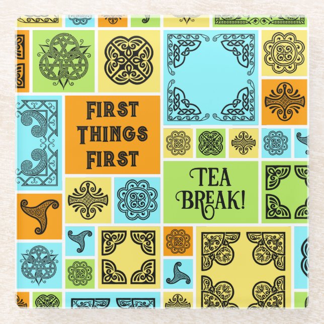 Dessous-de-verre En Verre Premières Choses Première Pause Thé! Drôle Orange  (Devant)