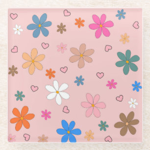 Dessous-de-verre En Verre Préppy rose coloré Flower Heart Y2K Motif